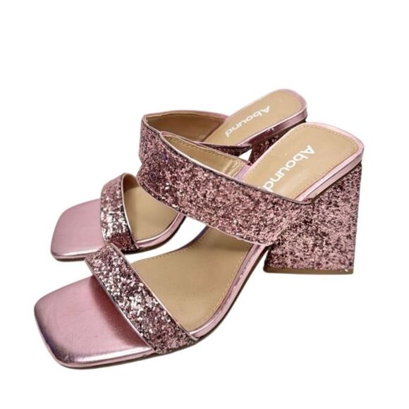 Abound Sandals Size 5 Pink Double Strap Glitter Slip On Open Square Toe Heels - Picture 2 of 8